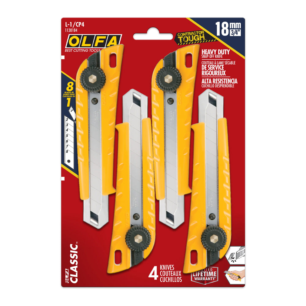 OLFA L-1/CP4 18mm Classic Heavy Duty Ratchet-Lock Utility Knife - 4pk