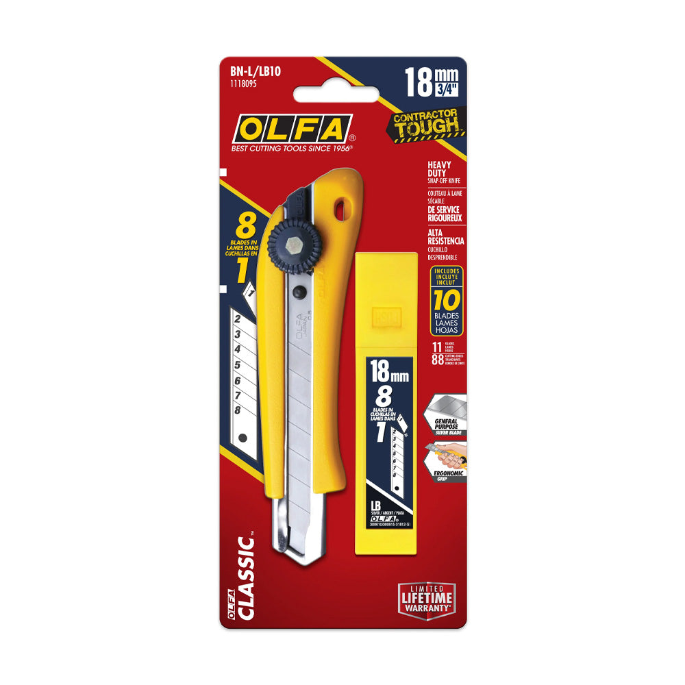 OLFA BN-L/LB10 Ratchet Lock Utility Knife w/ 10pk of Silver Snap Blades