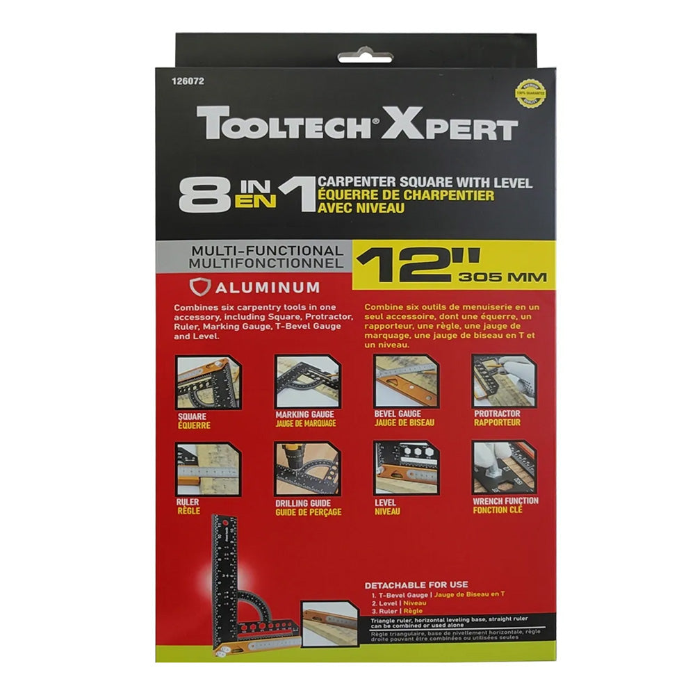 Tooltech Xpert 12" 8-in-1 Aluminum Multi-Functional Carpenter's Square